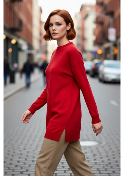 Kadın Relaxed Kalıp Bisiklet Yaka Triko Tunik Düşük Kol Düz Desenli Akrilik Materyal Yırtmaç Detaylı fırsatları