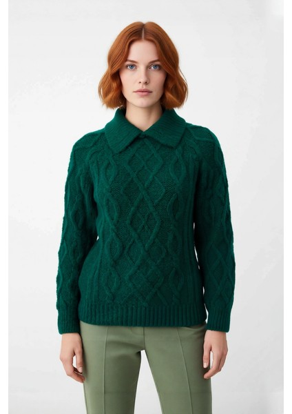 Kadın Ekru Gömlek Yaka Regular Kesim Saç Örgü Desenli Düşük Kol Triko Kazak Günlük Kullanım fiyatları