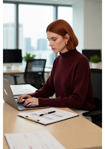 Kadın Basic Düz Desen Oversize Kesim Dik Yaka Triko Kazak Reglan Kol Kış Aylarının Konforlu Şıklığı