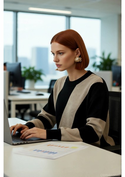 Kadın Basic Bisiklet Yaka Renk Bloklu Düşük Kollu Akrilik Triko Kazak Kış Günleri Için Ideal