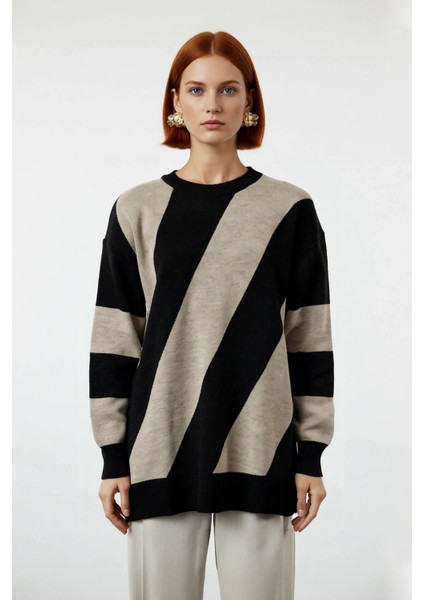 Kadın Basic Bisiklet Yaka Renk Bloklu Düşük Kollu Akrilik Triko Kazak Kış Günleri Için Ideal fiyatları