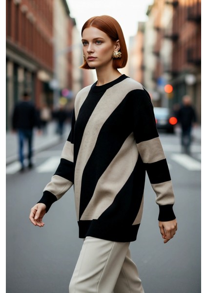 Kadın Basic Bisiklet Yaka Renk Bloklu Düşük Kollu Akrilik Triko Kazak Kış Günleri Için Ideal fırsatları