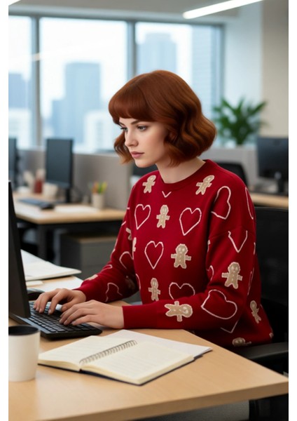 Kadın Günlük Yılbaşı Desenli Uzun Kollu Bisiklet Yaka Regular Kalıp Akrilik Triko Kazak Kaliteli