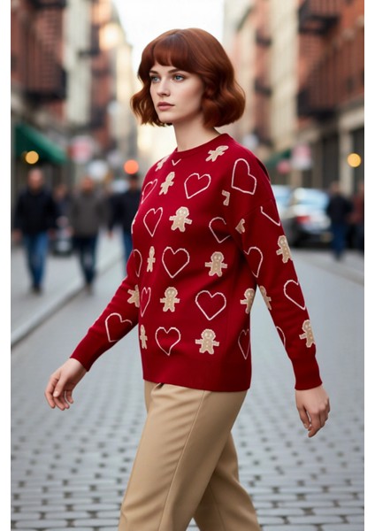 Kadın Günlük Yılbaşı Desenli Uzun Kollu Bisiklet Yaka Regular Kalıp Akrilik Triko Kazak Kaliteli fırsatları