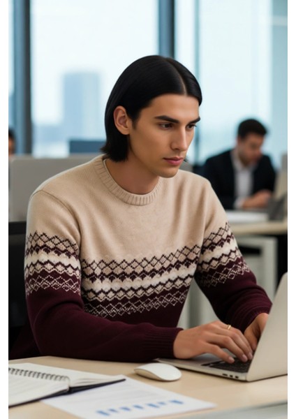 Erkek Fitted Bisiklet Yaka Etnik Desenli Triko Kazak Soğuk Havalar Için Şık ve Konforlu Bir Tercih