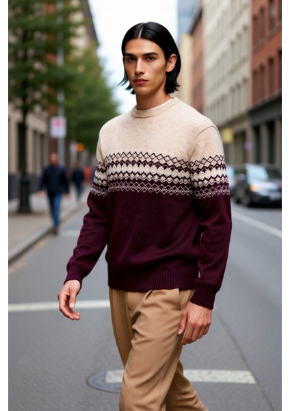 Erkek Fitted Bisiklet Yaka Etnik Desenli Triko Kazak Soğuk Havalar Için Şık ve Konforlu Bir Tercih fırsatları