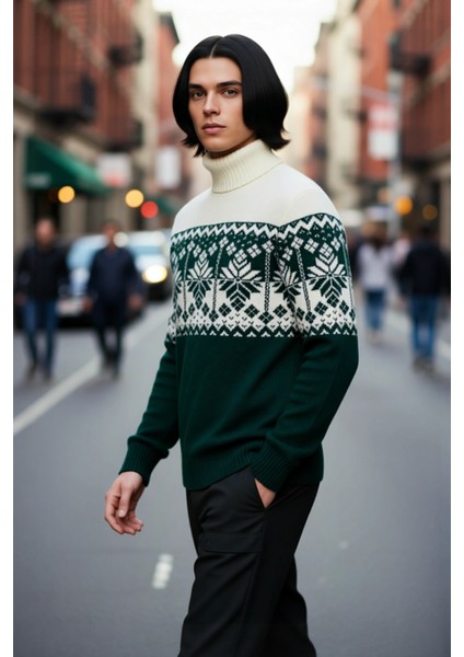 Erkek Basic Siluet Balıkçı Yaka Regular Kalıp Etnik Desenli Uzun Kollu Triko Kazak Günlük Giyimde fırsatları