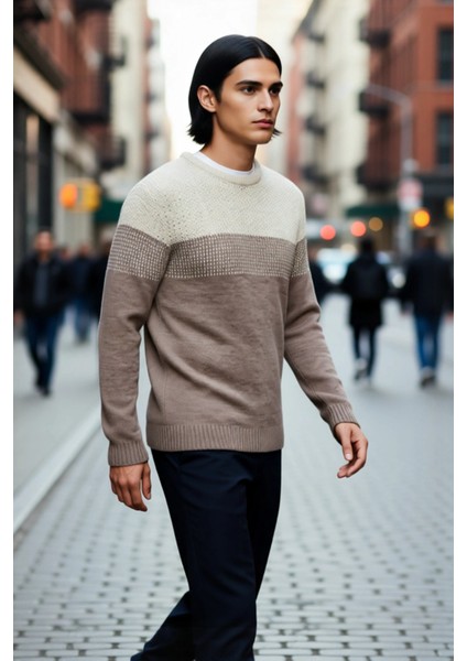 Erkek Rahat Kesim Bisiklet Yaka Renk Bloklu Akrilik Triko Kazak Soğuk Havalar Için Mükemmel fırsatları