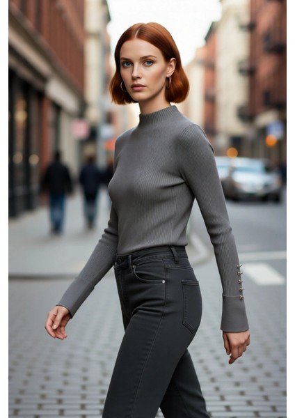 Kadın Modern Fitted Kalıp Dik Yaka Uzun Kollu Fitilli Triko Kazak Şık ve Rahat Kombinler Kaliteli fırsatları