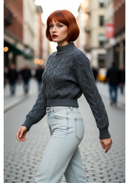 Kadın Oversize Balon Kol Dik Yaka Saç Örgü Crop Akrilik Triko Kazak Kış Modasına Uyumlu Kaliteli modelleri