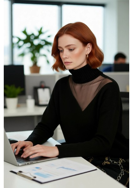 Kadın Basic Siluet Triko Kazak Düşük Kol Choker Yaka Tül Detaylı Kış Stiline Modern Dokunuş fırsatları