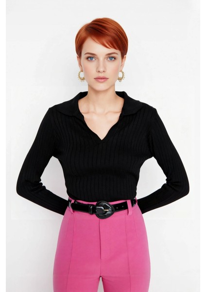 Kadınlar Için Uzun Kollu Regular Fitilli Triko Kazak Polo Yaka Detaylı Kışlık Şık Görünüm Kaliteli fiyatları