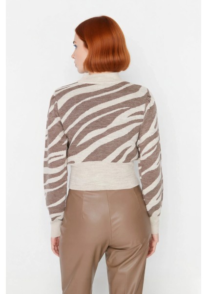 Kadın Basic Regular Kalıp Zebra Desenli Dik Yaka Crop Triko Kazak Günlük Giyimde Iddialı Kaliteli modelleri