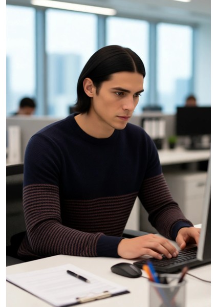 Erkek Uzun Kol Bisiklet Yaka Çizgili Triko Kazak Soğuk Havalarda Şıklık ve Konfor Sunar Kaliteli