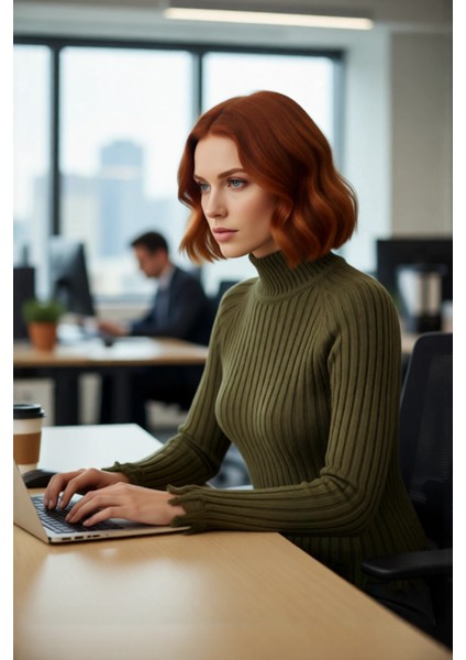 Kadın Şık Fitted Crop Uzun Reglan Kollu Dik Yaka Fitilli Triko Kazak Kış Günleri Için Ideal Model