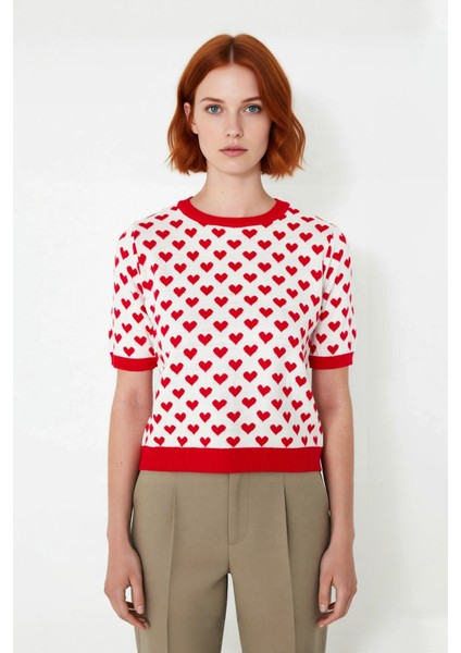 Kadın Basic Kısa Kollu Bisiklet Yaka Kalp Desenli Triko Bluz Ilkbahar Sonbahar Stili Kaliteli