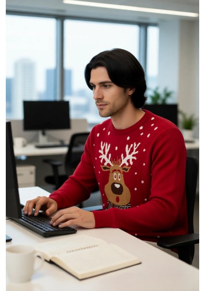 Erkek Regular Fit Bisiklet Yaka Kalın Kırmızı Yılbaşı Temalı Geyik Desenli Triko Kışlık Kazak