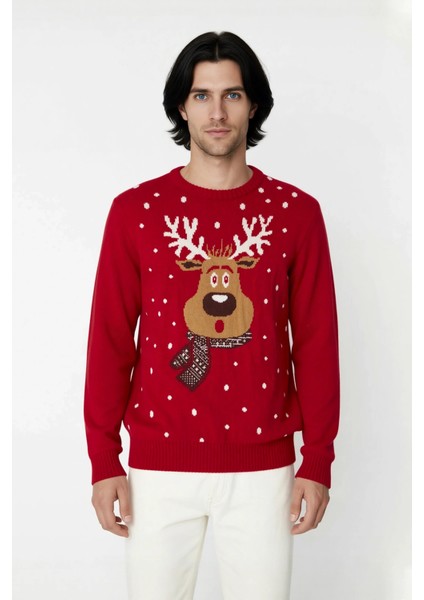 Erkek Regular Fit Bisiklet Yaka Kalın Kırmızı Yılbaşı Temalı Geyik Desenli Triko Kışlık Kazak fiyatları