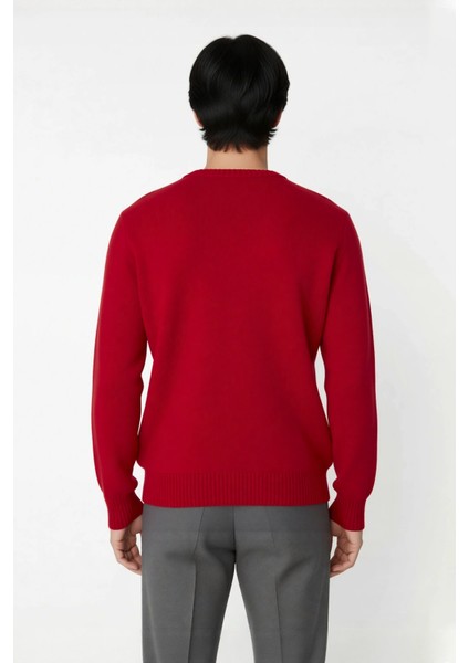 Erkek Regular Fit Bisiklet Yaka Kalın Kırmızı Yılbaşı Temalı Geyik Desenli Triko Kışlık Kazak modelleri