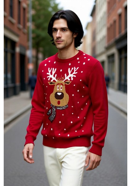 Erkek Regular Fit Bisiklet Yaka Kalın Kırmızı Yılbaşı Temalı Geyik Desenli Triko Kışlık Kazak fırsatları