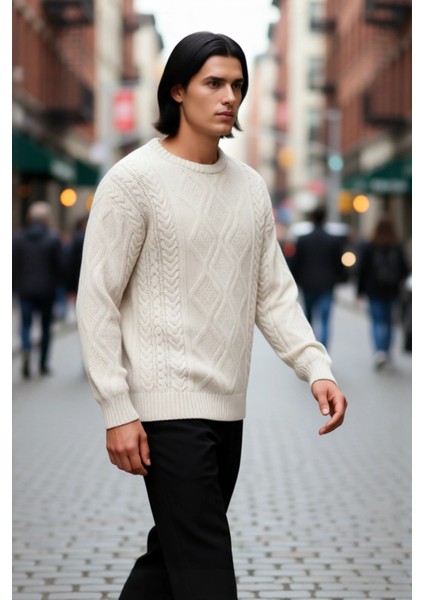 Erkek Basic Oversize Kalın Saç Örgülü Bisiklet Yaka Kazak Rahat ve Stil Sahibi Kombinler Kaliteli fırsatları