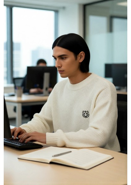 Erkek Triko Oversize Kesim Bisiklet Yaka Sargı Nakışlı Rahat Kazak Soğuk Günlerin Şıklığı Kaliteli