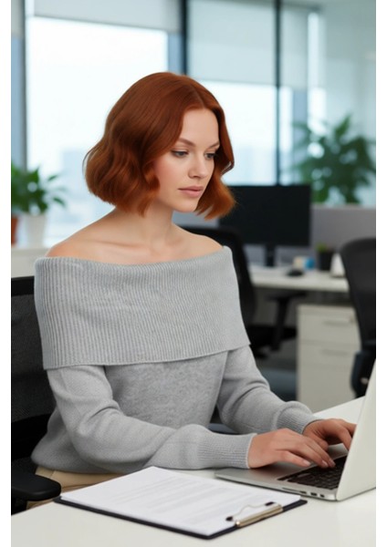 Kadın Triko Kışlık Kazak Regular Kalıp Uzun Kollu Carmen Yaka Günlük ve Şık Kombinler Için