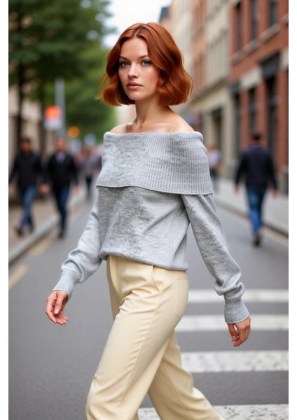 Kadın Triko Kışlık Kazak Regular Kalıp Uzun Kollu Carmen Yaka Günlük ve Şık Kombinler Için fırsatları