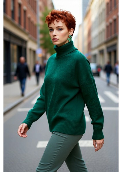 Kadın Basic Oversize Dik Yaka Triko Kazak Düşük Kol Uzun Boy Kışlık Günlük Şıklık Sunar Kaliteli modelleri