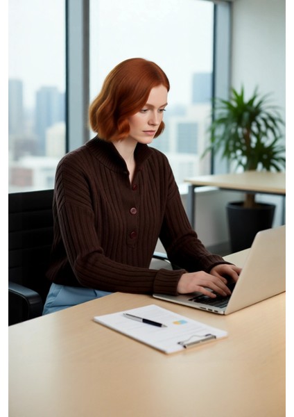 Kadın Casual Fitilli Triko Kazak Orta Kalınlık Dik Yaka Düşük Kol Rahat ve Trend Kış Stili