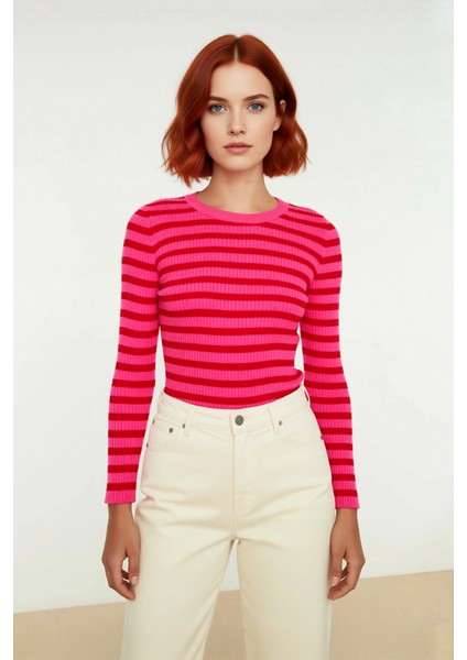 Kadın Çizgili Triko Fitted Uzun Kol Bisiklet Yaka Akrilik Basic Casual Günlük Kazak Kaliteli