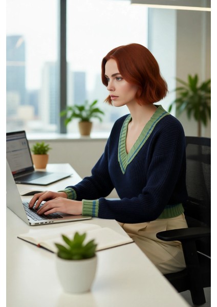 Kadınlara Özel Basic Crop V Yaka Triko Kazak Kışa Uygun Akrilik Renk Bloklu Uzun Kollu Tasarım.