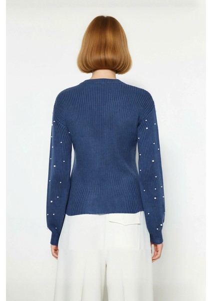 Kadın Basic Siluet Inci Detaylı Bisiklet Yaka Triko Kazak Düşük Kol Rahat Giyim Stili Kaliteli modelleri