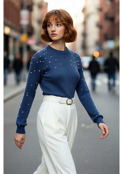 Kadın Basic Siluet Inci Detaylı Bisiklet Yaka Triko Kazak Düşük Kol Rahat Giyim Stili Kaliteli fırsatları