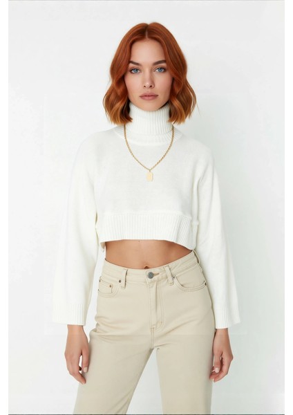Kadın Ekru Oversize Süper Crop Dik Yaka Triko Kazak Düşük Kol Kışlık Güncel Moda Trendi Kaliteli fiyatları
