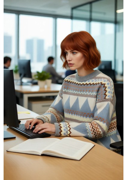 Kadınlara Özel Etnik Desenli Oversize Düşük Kol Bisiklet Yaka Triko Kazak Soğuk Havalara Uyumlu