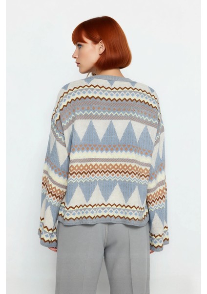 Kadınlara Özel Etnik Desenli Oversize Düşük Kol Bisiklet Yaka Triko Kazak Soğuk Havalara Uyumlu modelleri