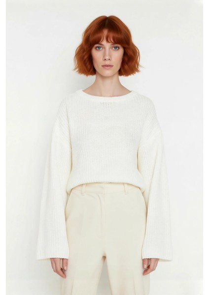 Kadın Gri Oversize Selanik Dokuma Bisiklet Yaka Ispanyol Kol Crop Akrilik Triko Kazak Kaliteli fiyatları