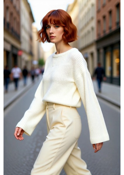 Kadın Gri Oversize Selanik Dokuma Bisiklet Yaka Ispanyol Kol Crop Akrilik Triko Kazak Kaliteli fırsatları