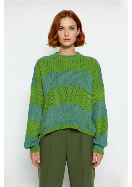 Kadın Rahat Kalıp Düşük Kol Bisiklet Yaka Renk Bloklu Akrilik Triko Kazak Günlük Kullanım Şıklığı.