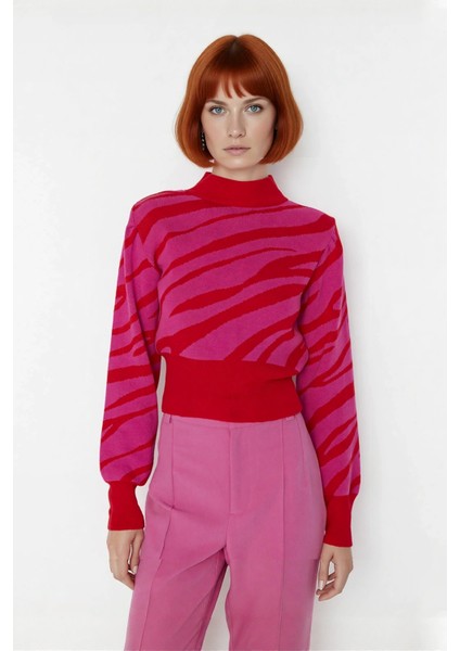 Kadın Basic Regular Kalıp Zebra Desenli Dik Yaka Crop Triko Kazak Günlük Giyimde Iddialı Kaliteli fiyatları
