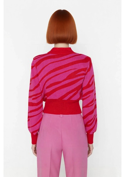 Kadın Basic Regular Kalıp Zebra Desenli Dik Yaka Crop Triko Kazak Günlük Giyimde Iddialı Kaliteli modelleri