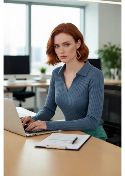 Kadınlar Için Uzun Kollu Regular Fitilli Triko Kazak Polo Yaka Detaylı Kışlık Şık Görünüm Kaliteli