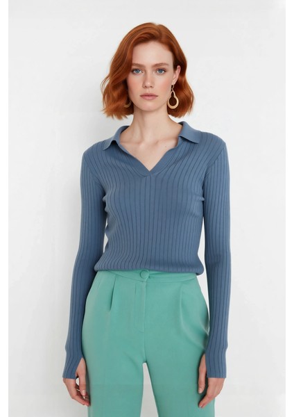 Kadınlar Için Uzun Kollu Regular Fitilli Triko Kazak Polo Yaka Detaylı Kışlık Şık Görünüm Kaliteli fiyatları