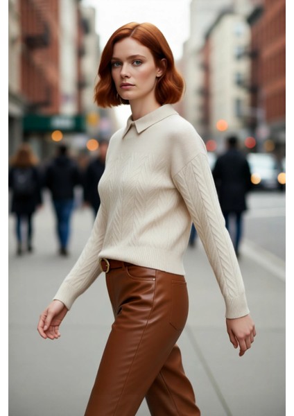 Kadın Kışlık Regular Kalıp Akrilik Triko Kazak Polo Yaka Saç Örgü Desenli Konforlu Uzun Kol modelleri