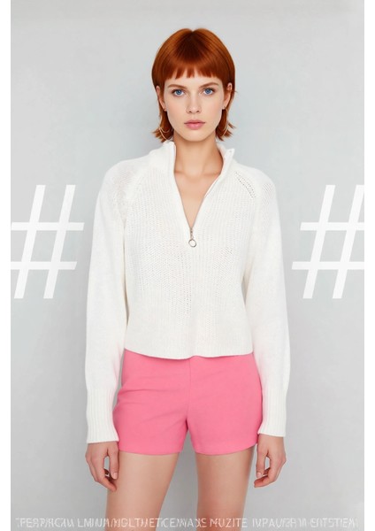 Kadın Selanik Dokuma Regular Kalıp Crop Dik Yaka Fermuarlı Uzun Kollu Triko Kazak Günlük Şıklık fiyatları