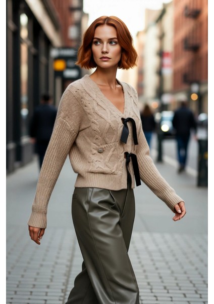 Kadın Kışlık Triko Kazak Regular Kalıp V Yaka Saç Örgü Düşük Kol Crop Fiyonk Detaylı Tasarım fırsatları