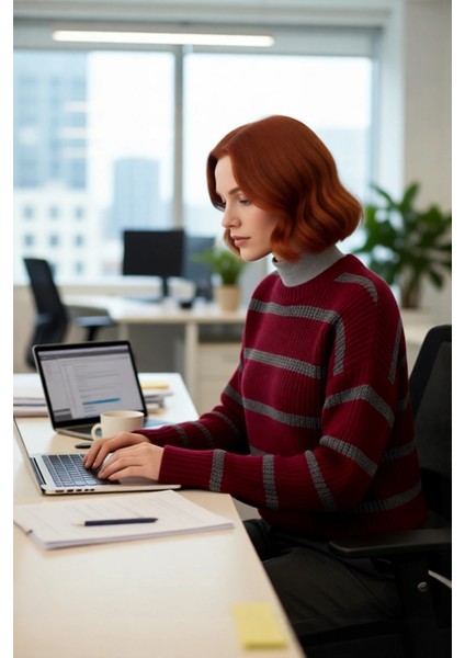 Kadın Crop Boy Akrilik Triko Kazak Bisiklet Yaka Geniş Kalıp Çizgili Soğuk Havalara Uygun Kaliteli