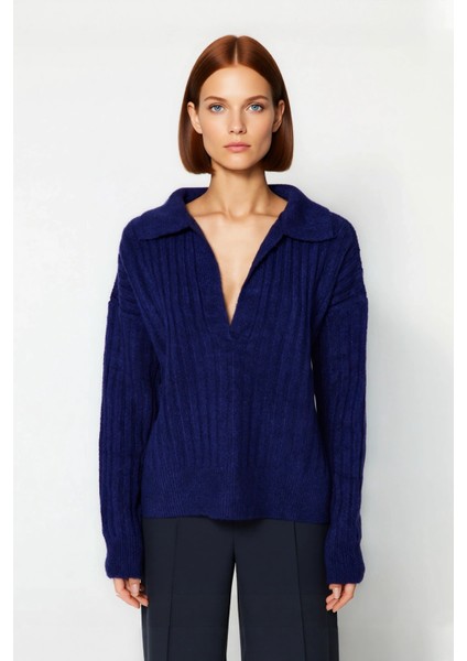 Modern Kadın Oversize Polo Yaka Triko Kazak Rahat Düşük Kol Fitilli Dokusuyla Kış Gardırobunuzun fiyatları