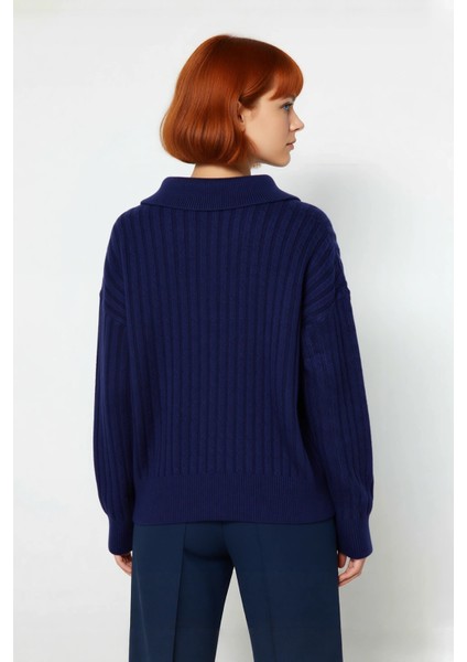 Modern Kadın Oversize Polo Yaka Triko Kazak Rahat Düşük Kol Fitilli Dokusuyla Kış Gardırobunuzun modelleri